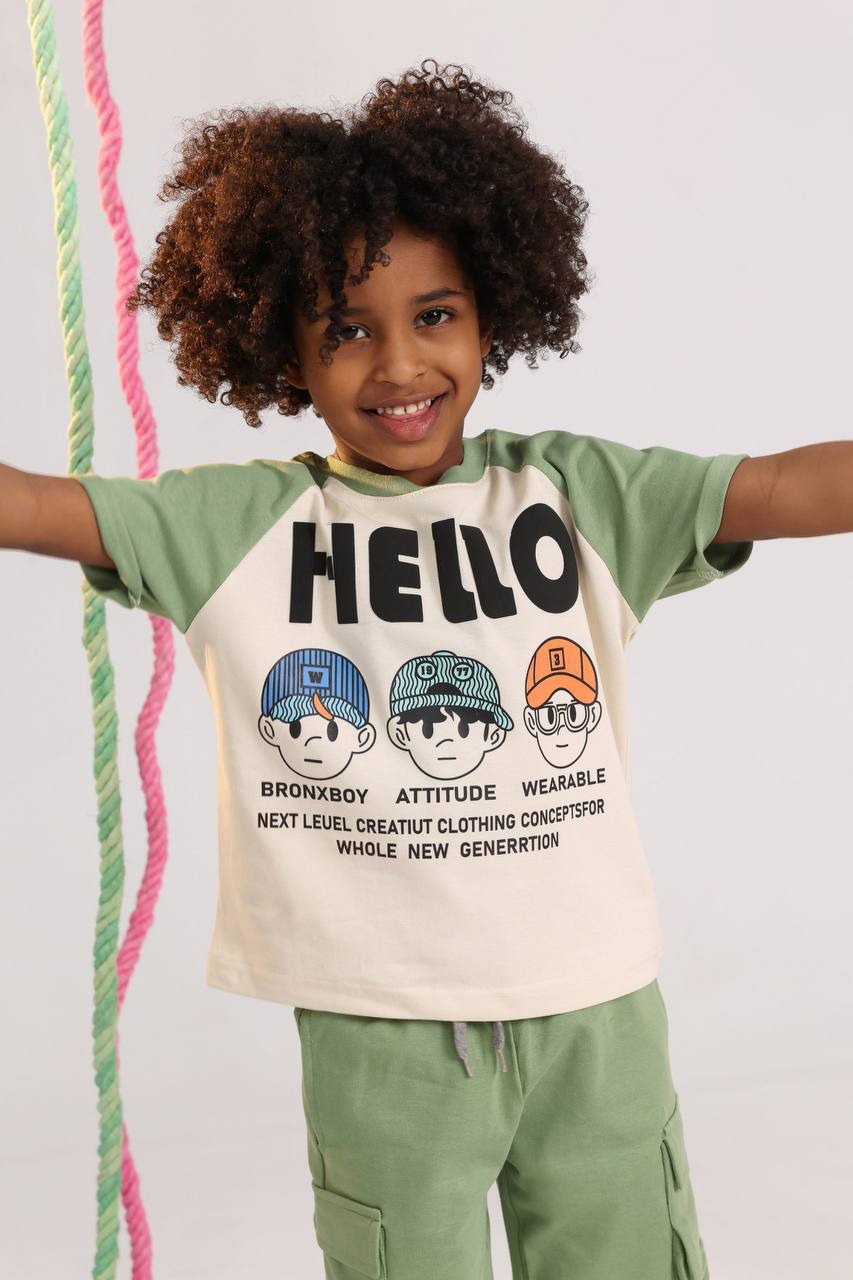 Hello Boys Casual Summer Set – Printed T-Shirt & Green Cargo Shorts