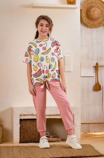 Girls Fruity Print Casual Set – Oversized T-Shirt & Pink Jogger Pants