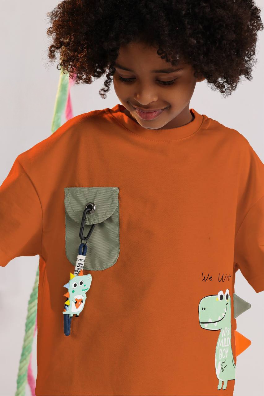 Boys Dino Adventure Summer Set – Rust Oversized Tee & Sage Shorts