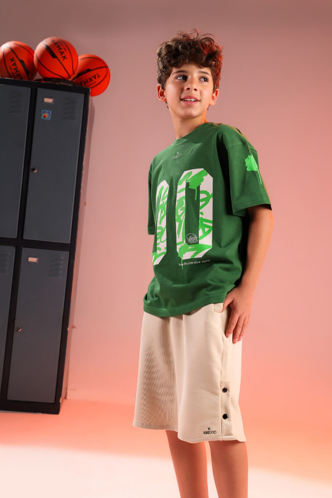 Kikidoo Boys' Oversized Green Graphic T-Shirt & Cream Cargo Shorts Summer Set