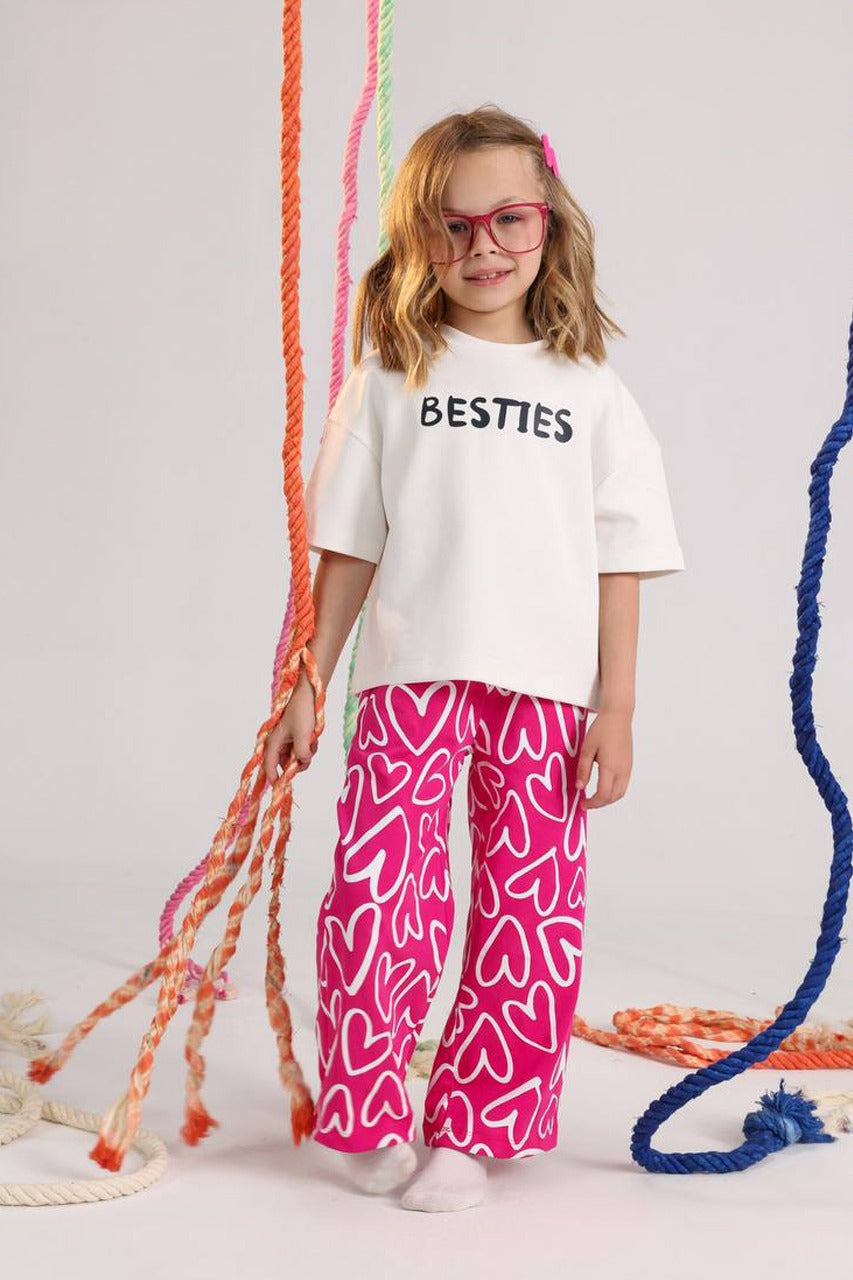 Besties Girls Casual Set – White Top & Pink Heart Print Pants