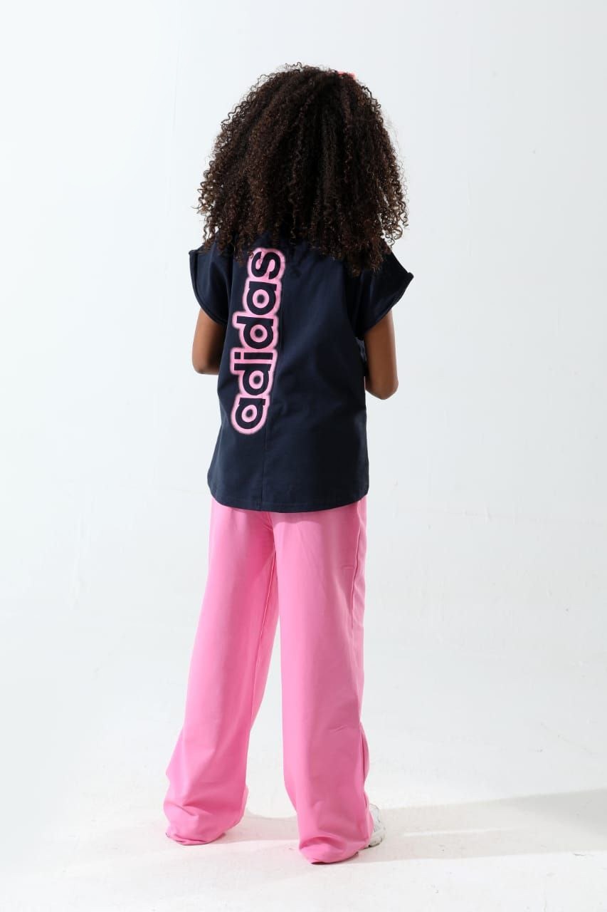 Kids Navy Graphic T-Shirt with Pink Track Pants Set