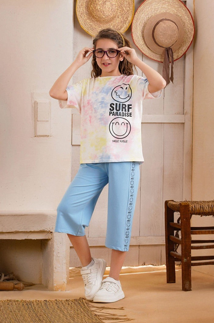 Girls Tie-Dye Surf Paradise Top with Blue Capri Pants Set