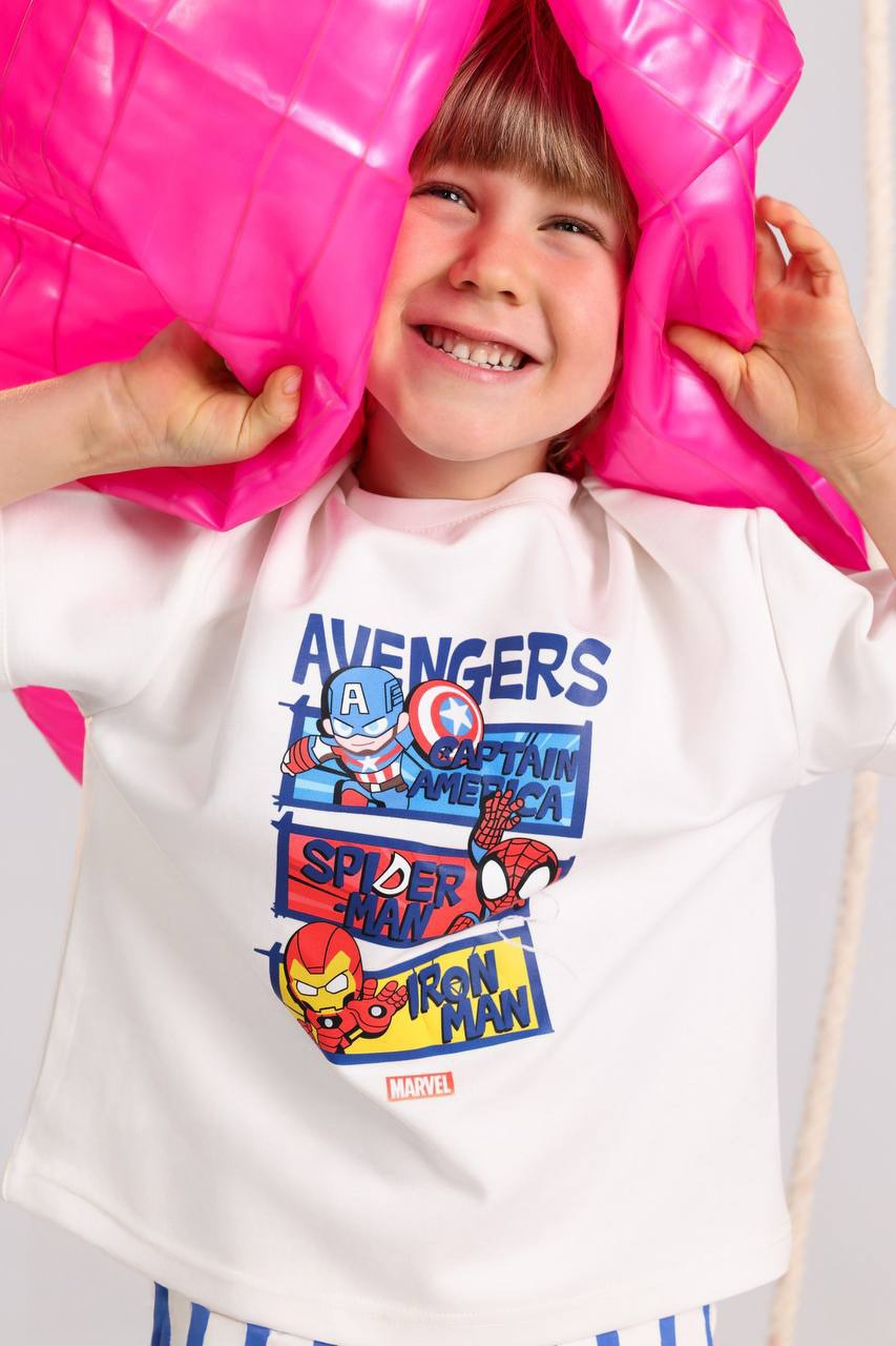 Marvel Avengers Kids Summer Set – White T-Shirt & Blue Striped Shorts