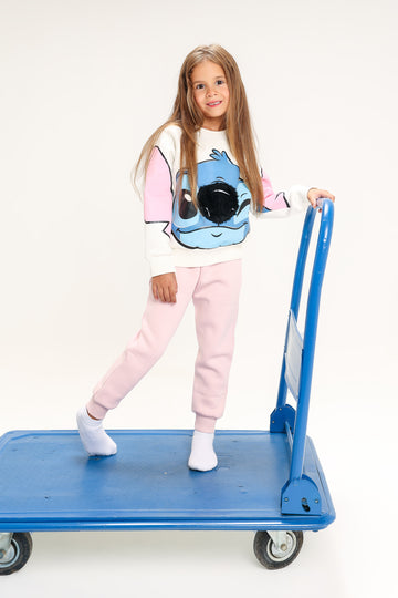 Girls’ Stitch Melton Cotton suit –white & Blue Cartoon Design with Furry Detail