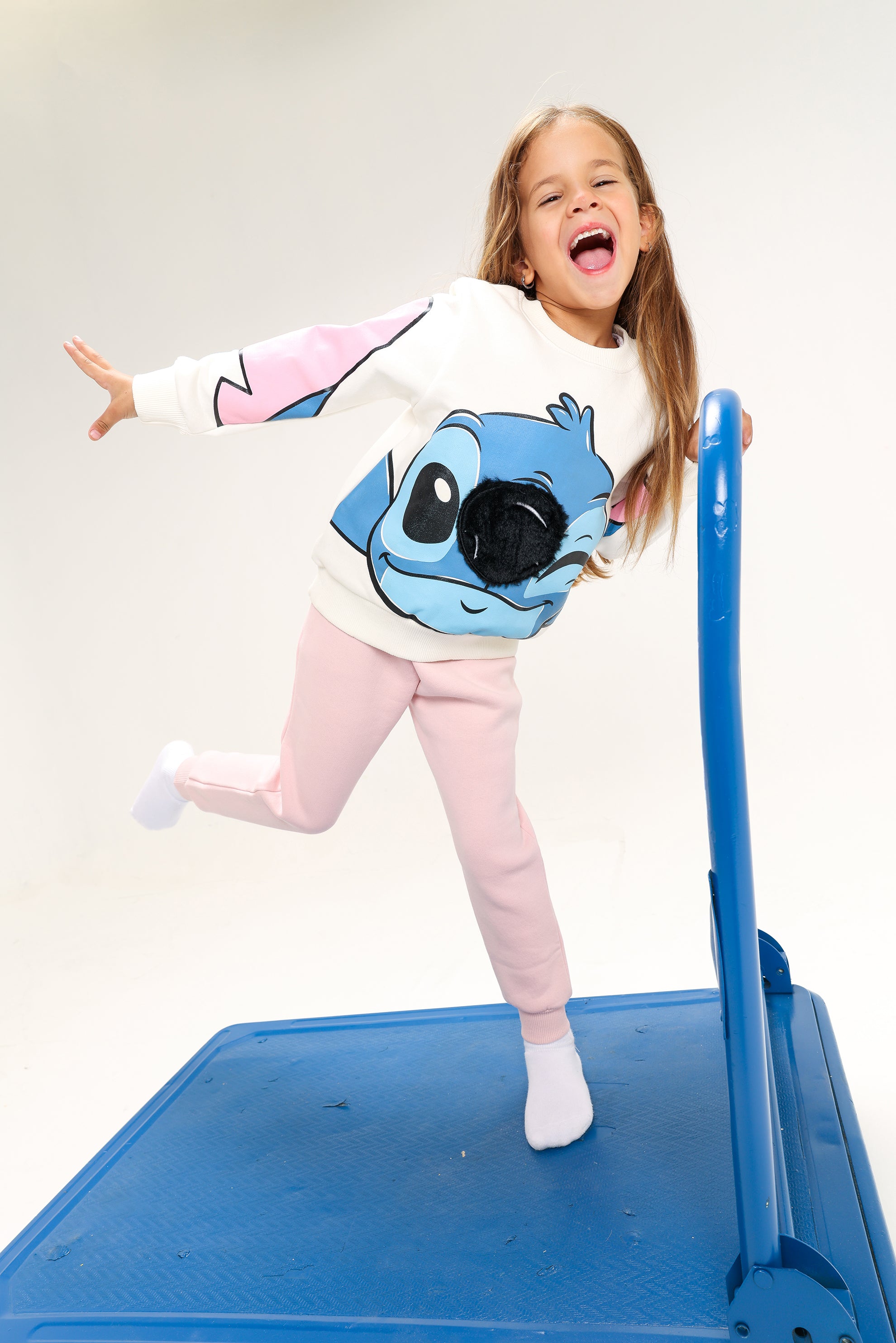 Girls’ Stitch Melton Cotton suit –white & Blue Cartoon Design with Furry Detail