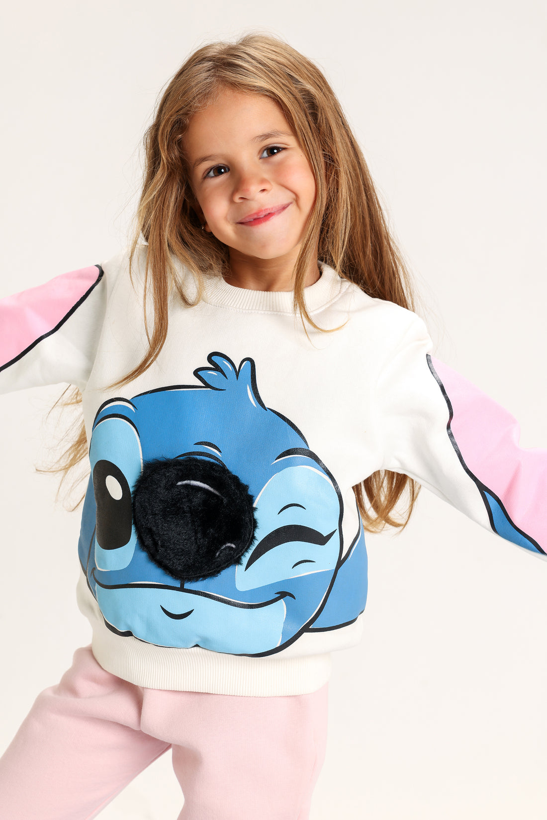 Girls’ Stitch Melton Cotton suit –white & Blue Cartoon Design with Furry Detail