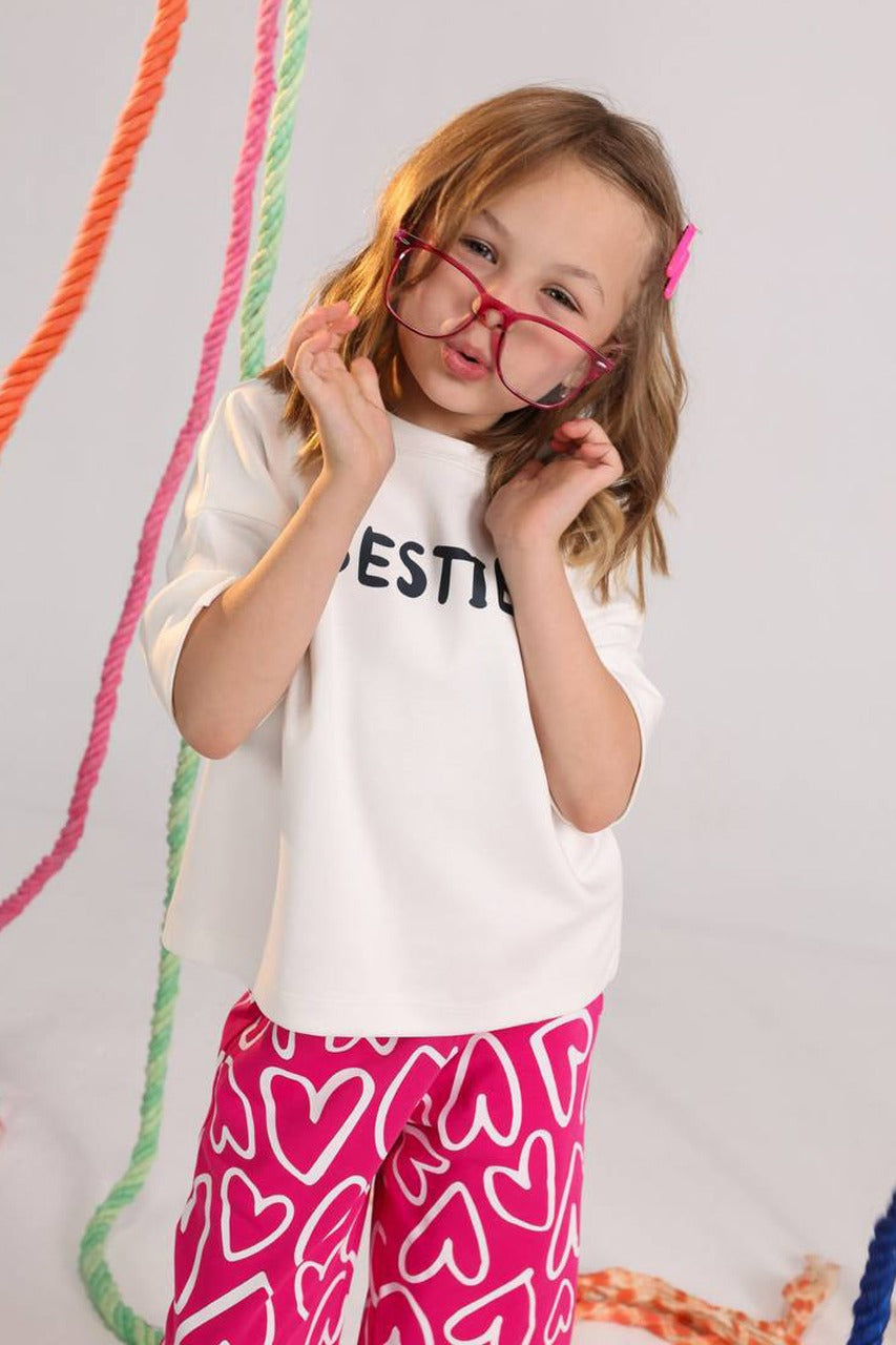 Besties Girls Casual Set – White Top & Pink Heart Print Pants