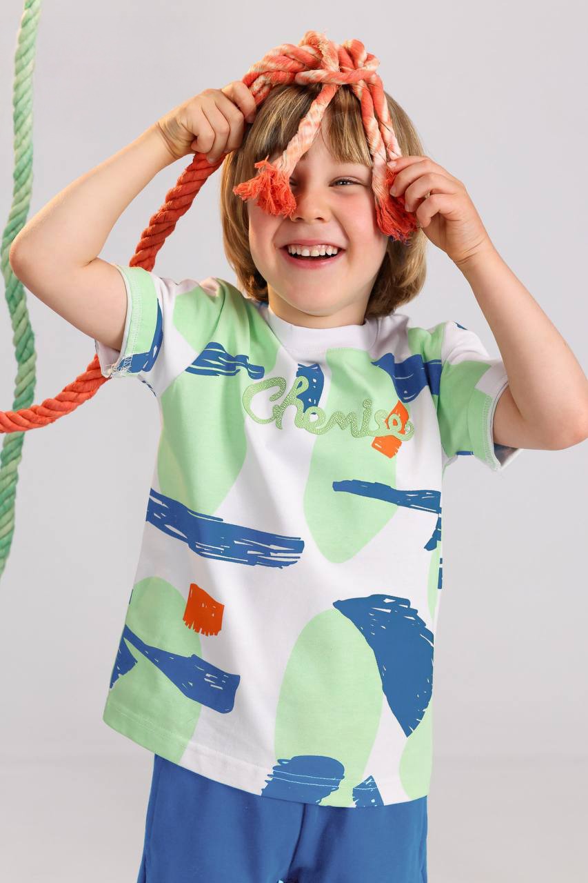 Kids Abstract Print Summer Set – White Graphic T-Shirt & Blue Shorts