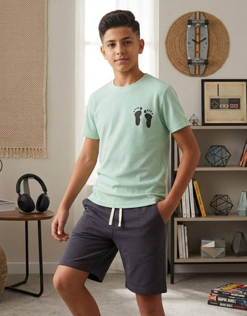 Boys mint green graphic t-shirt and grey shorts summer set - Kikidoo Kids Egypt