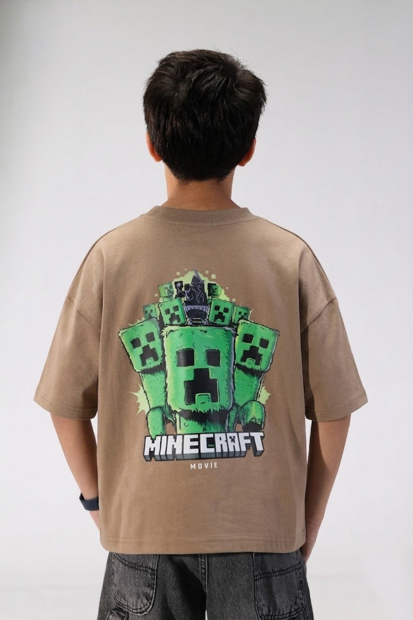Minecraft Creeper Oversized Kids T-Shirt – Beige Casual Gamer Tee