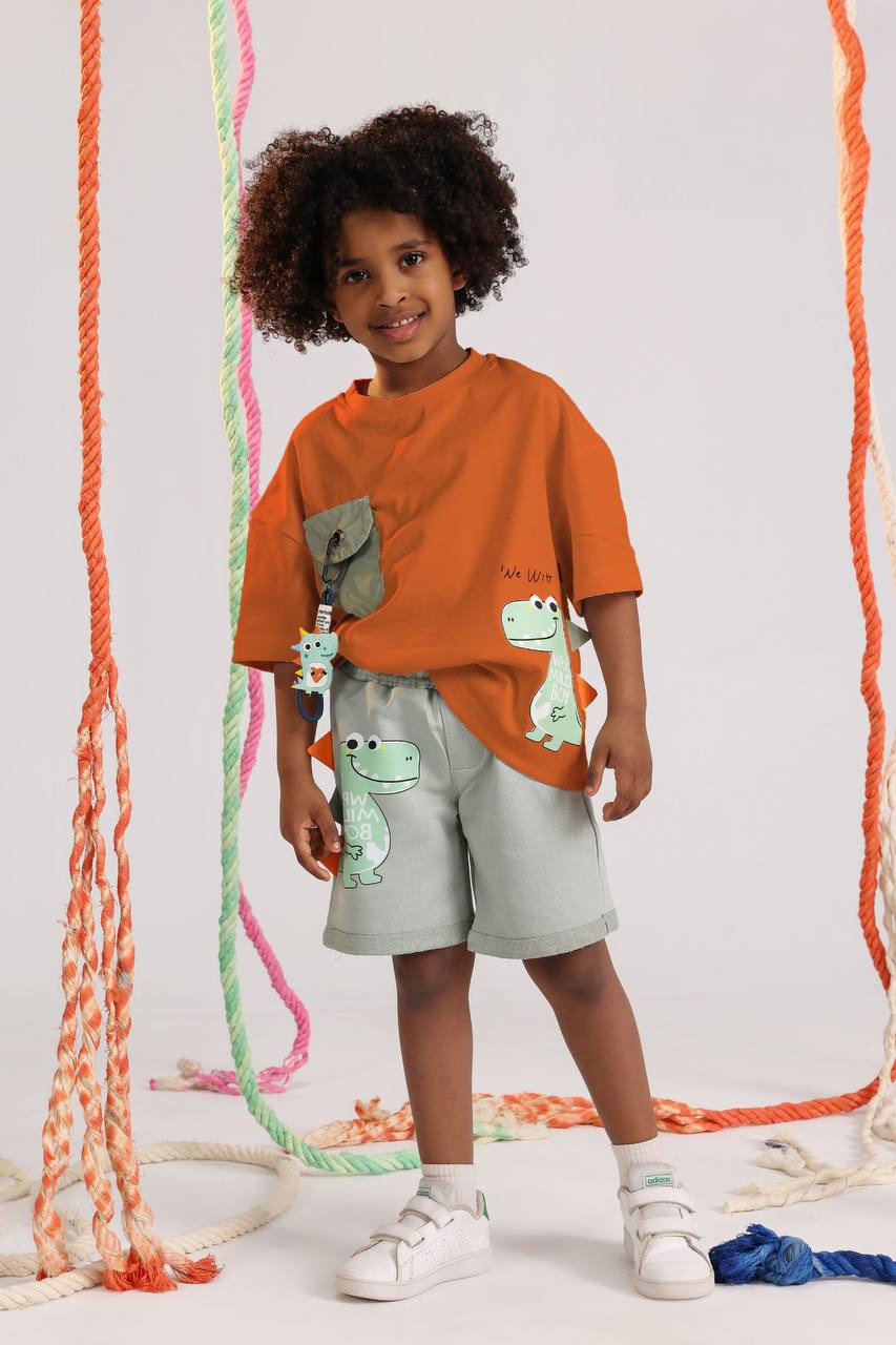 Boys Dino Adventure Summer Set – Rust Oversized Tee & Sage Shorts