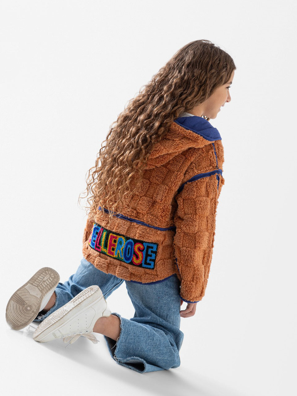 Brown Furry Check Jacket with Letter Patch – Cozy & Trendy Winter Style