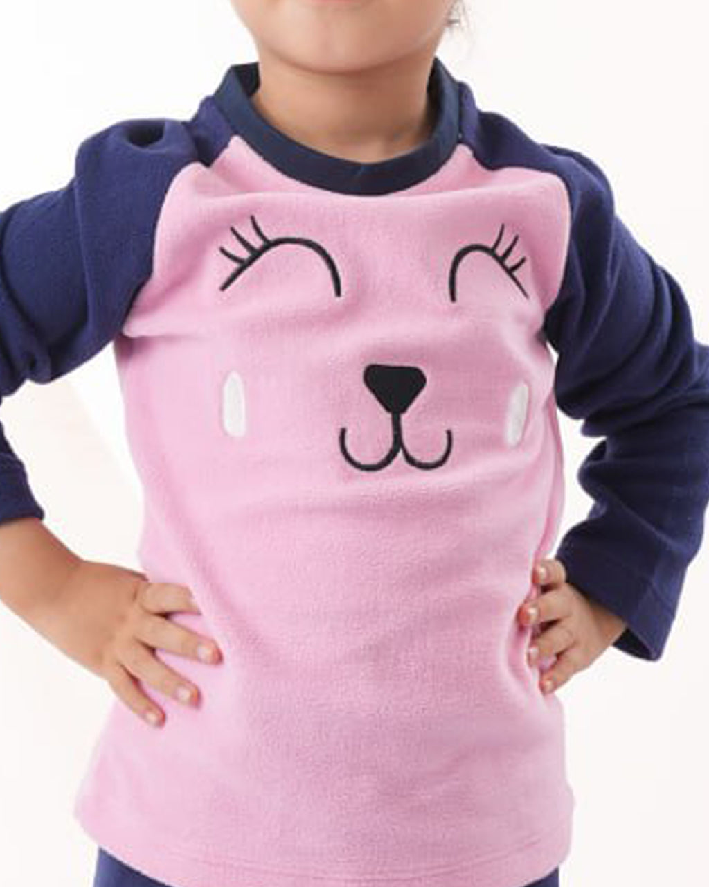 Girls Fleece Pajama Set – Pink & Navy Cute Face Print Sleepwear