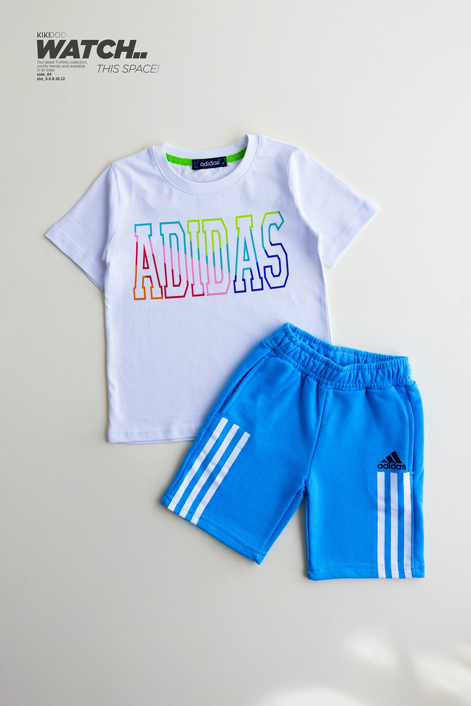 Adidas Boys’ Summer Set – White Rainbow Logo Tee & Aqua Blue Shorts