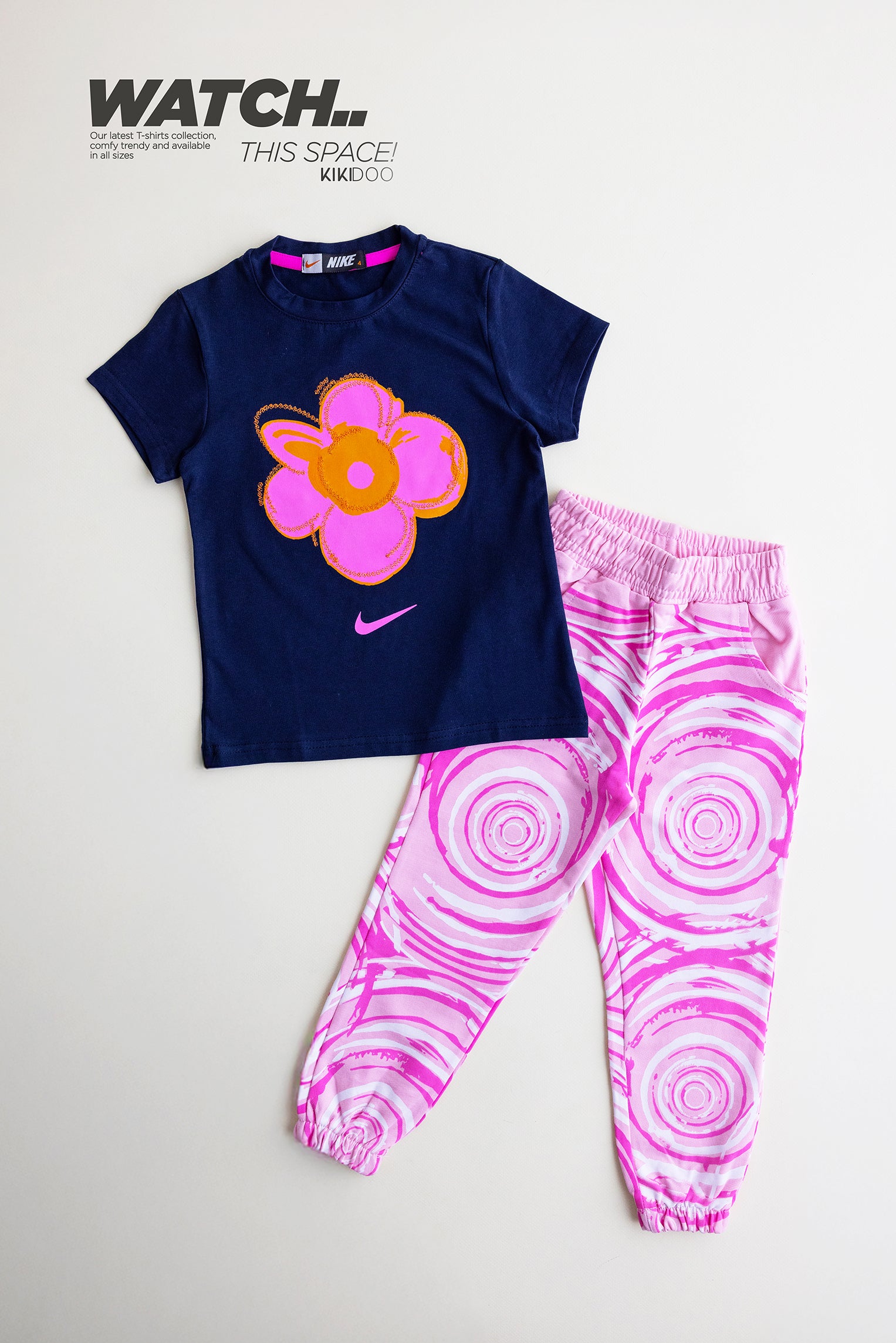 Girls’ Floral Print Sports Set – Black Tee with Pink Flower & Marble Leggings