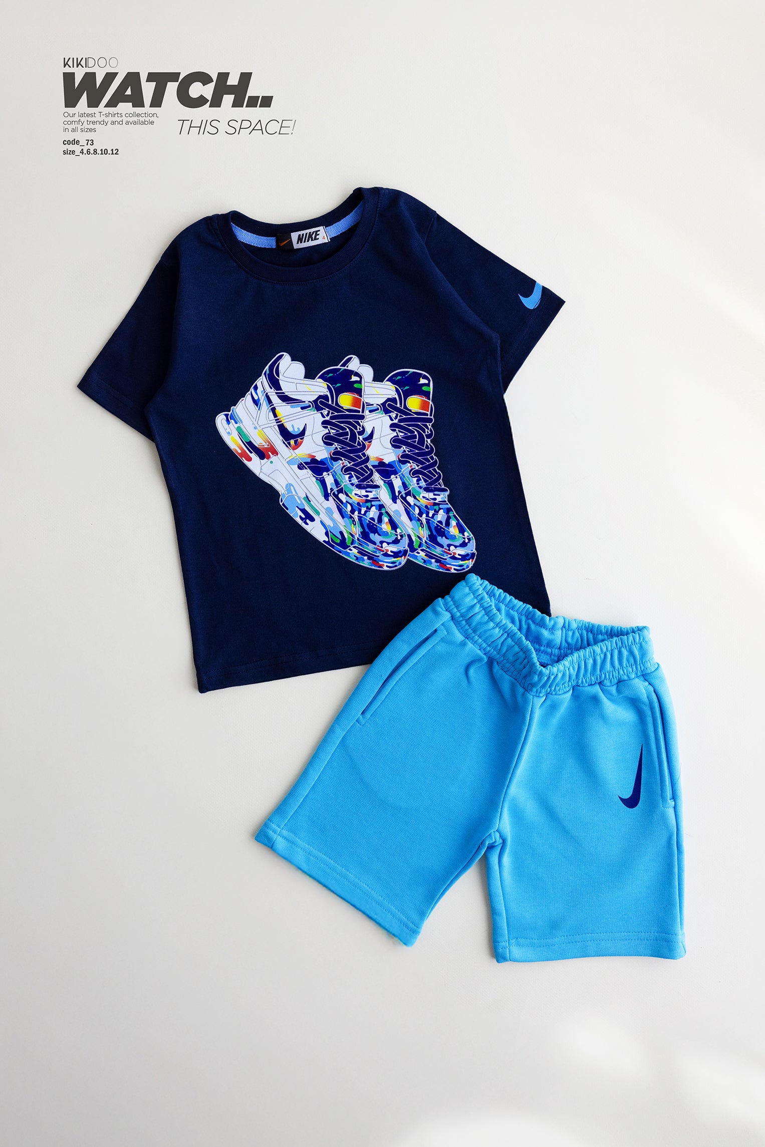 Boys' Black T-Shirt with Colorful Sneaker Print & Cyan Nike Shorts Set