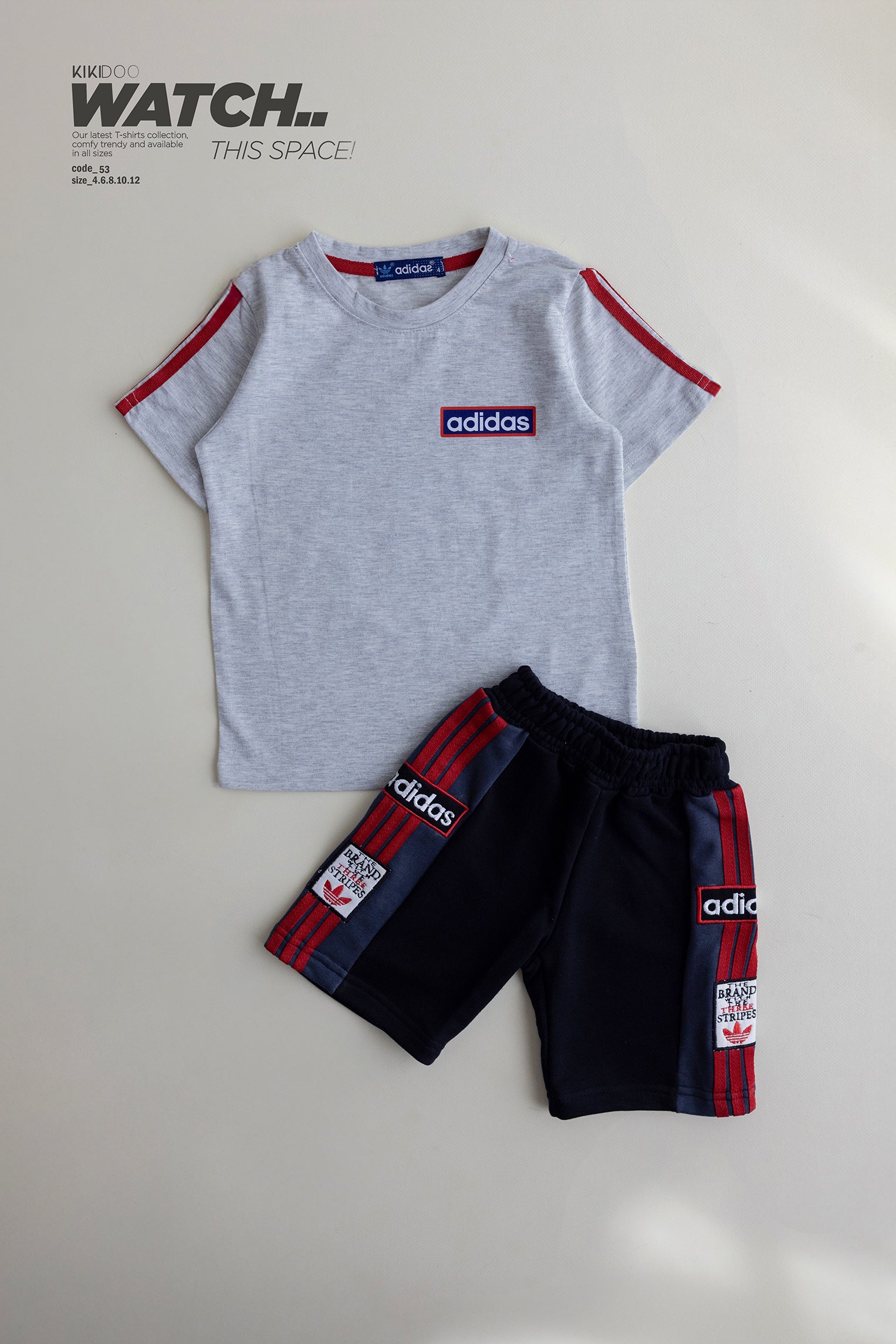 Adidas-Inspired Boys’ Summer Set – grey Tee with red Stripes & black Shorts