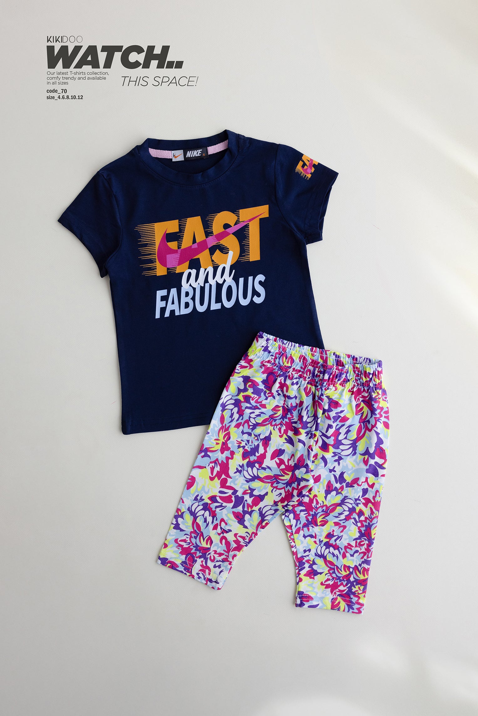 Girls’ Black Tee with “Fast and Fabulous” Print & Colorful Floral Capri Leggings Set