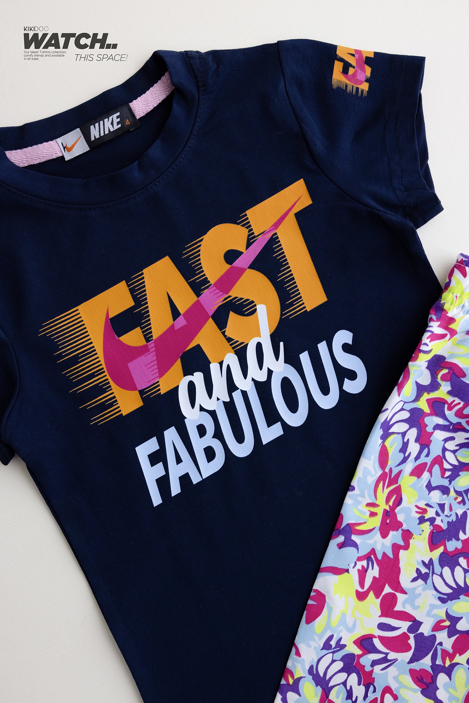 Girls’ Black Tee with “Fast and Fabulous” Print & Colorful Floral Capri Leggings Set