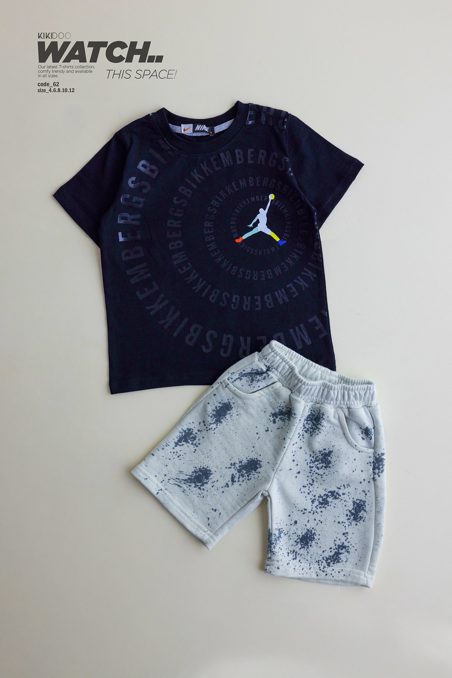 Jordan-Inspired Boys’ Summer Set – Black Tee & White Paint-Splash Shorts