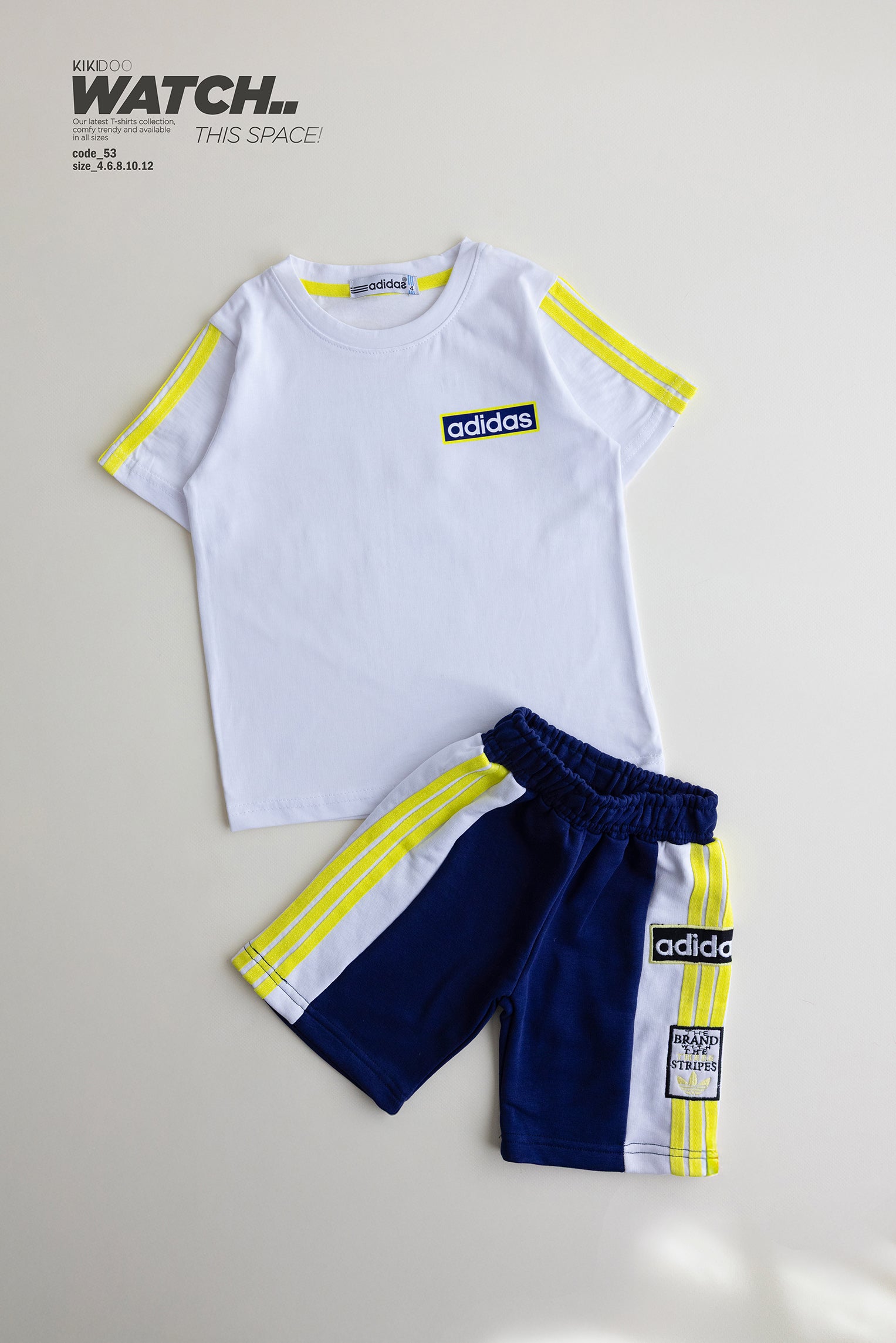 Adidas-Inspired Boys’ Summer Set – White Tee with Yellow Stripes & Navy Shorts