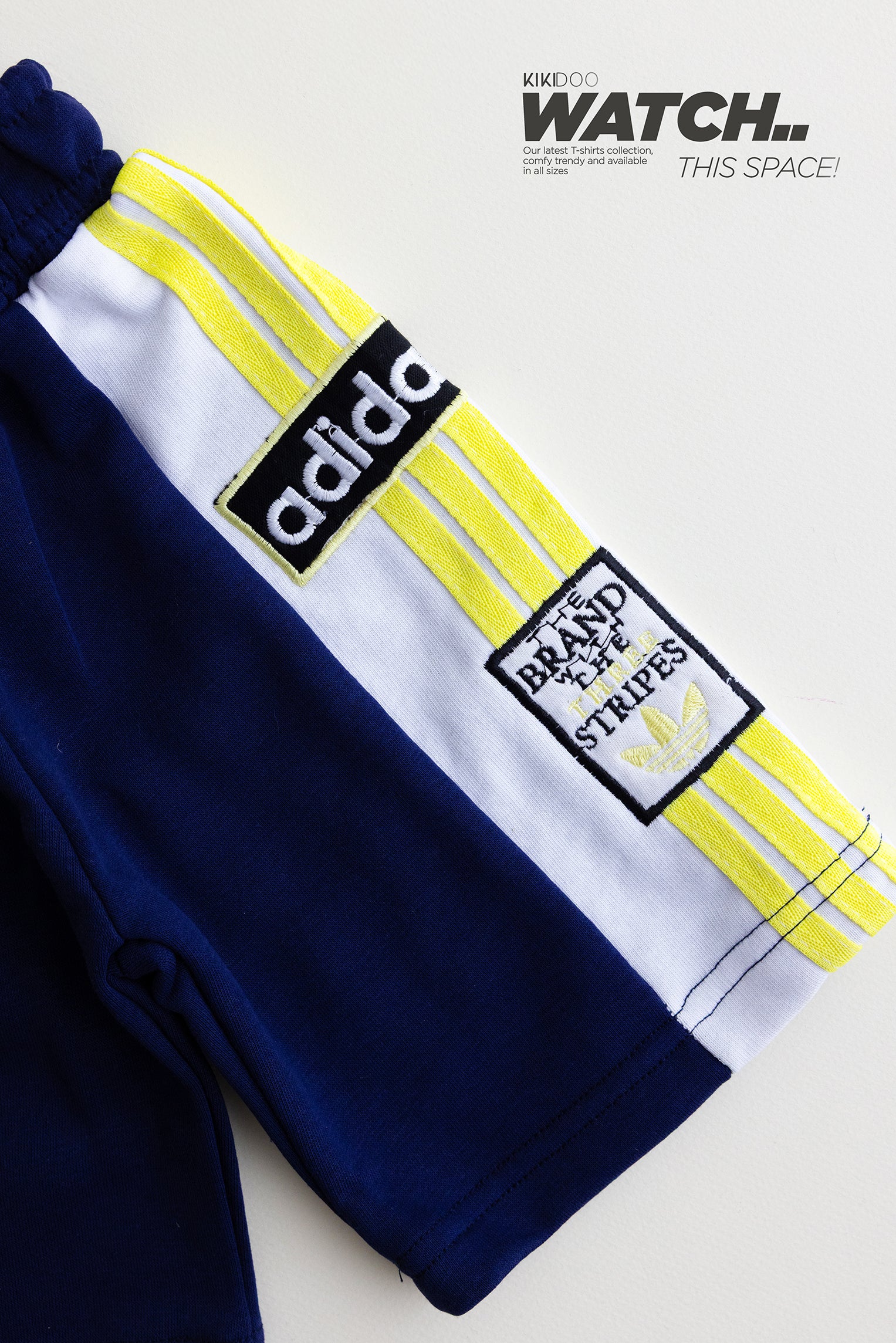 Adidas-Inspired Boys’ Summer Set – White Tee with Yellow Stripes & Navy Shorts