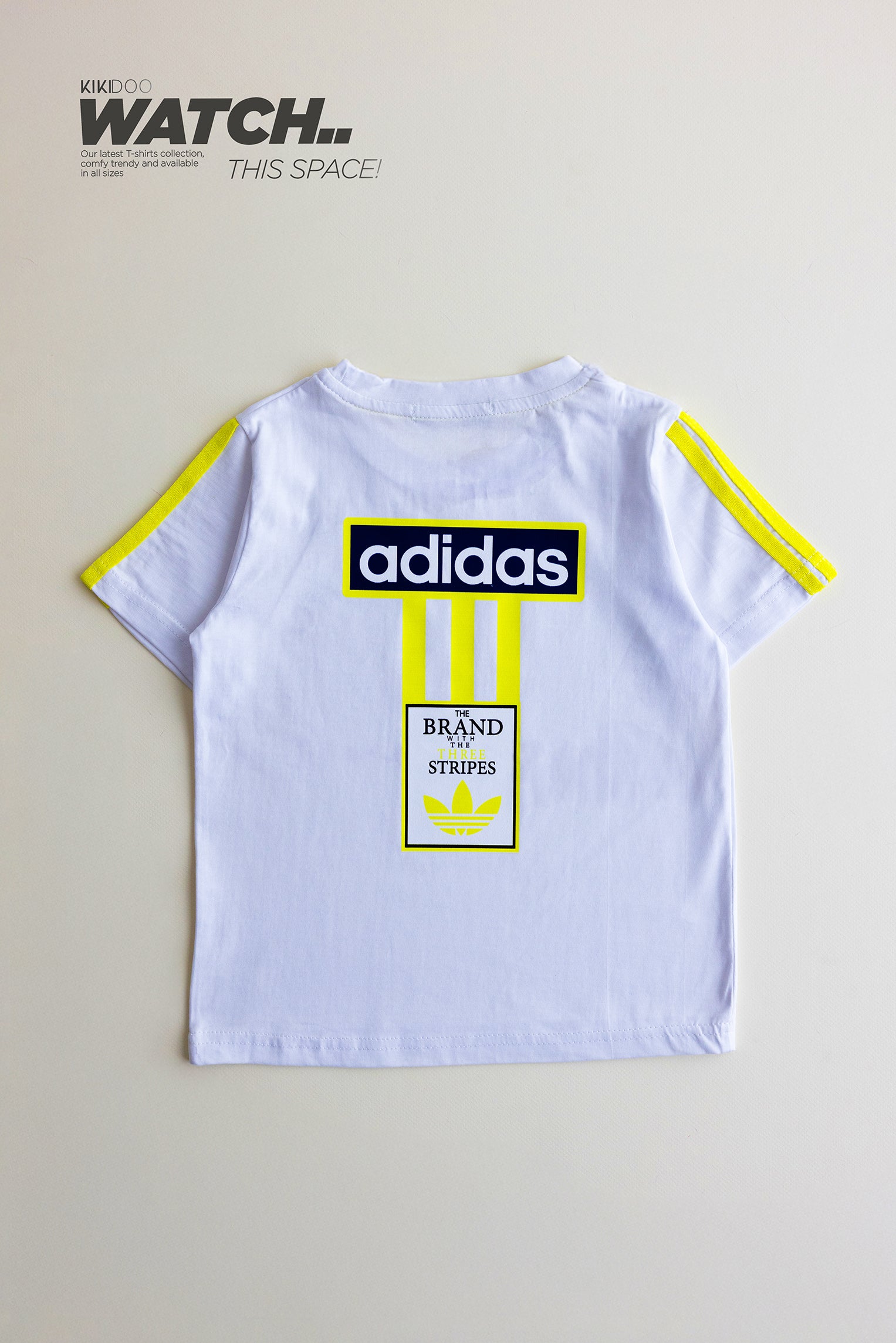 Adidas-Inspired Boys’ Summer Set – White Tee with Yellow Stripes & Navy Shorts