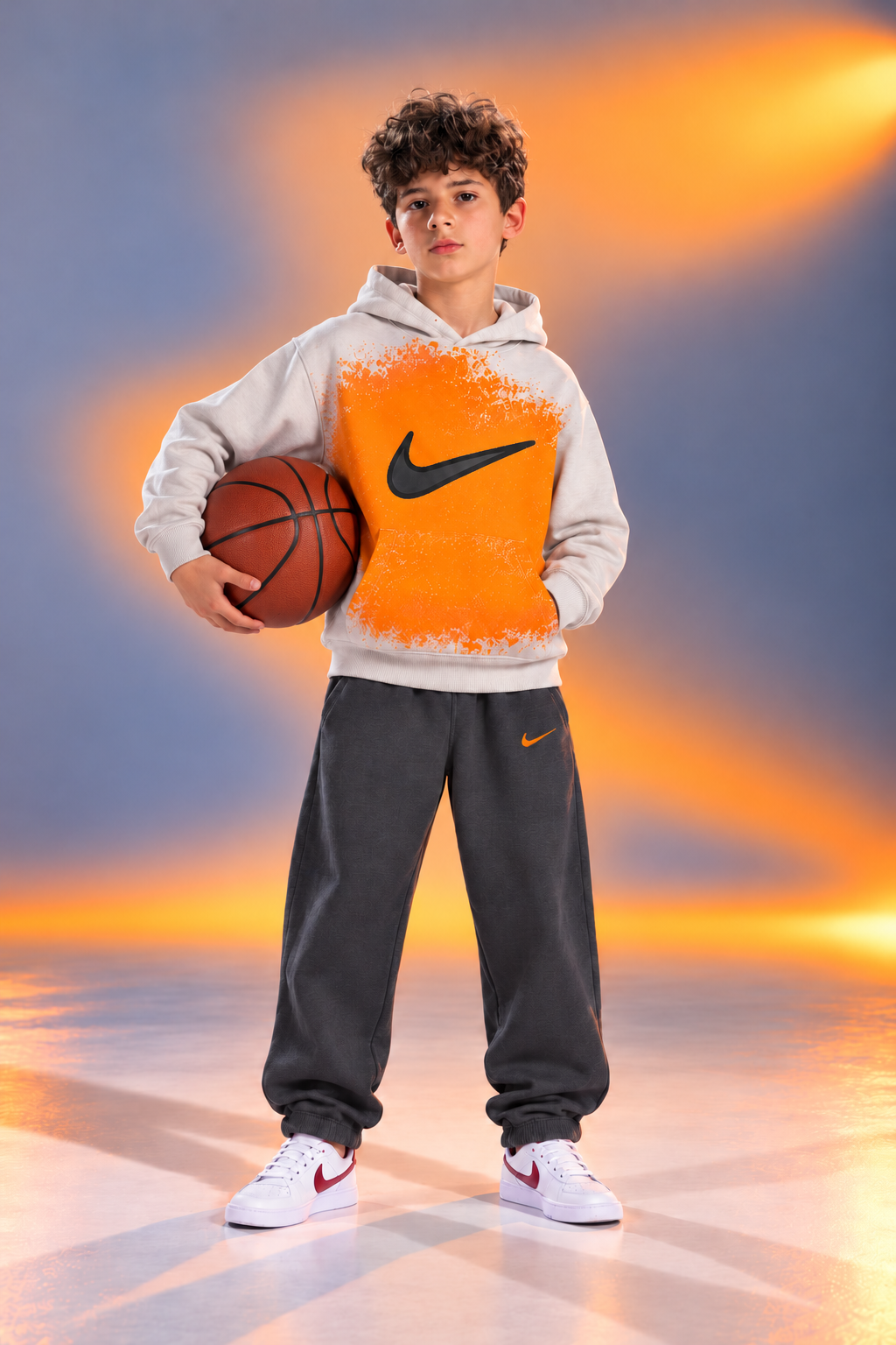 Boys’ Nike Orange Splash Hoodie & Jogger Set – Light Grey & Dark Grey
