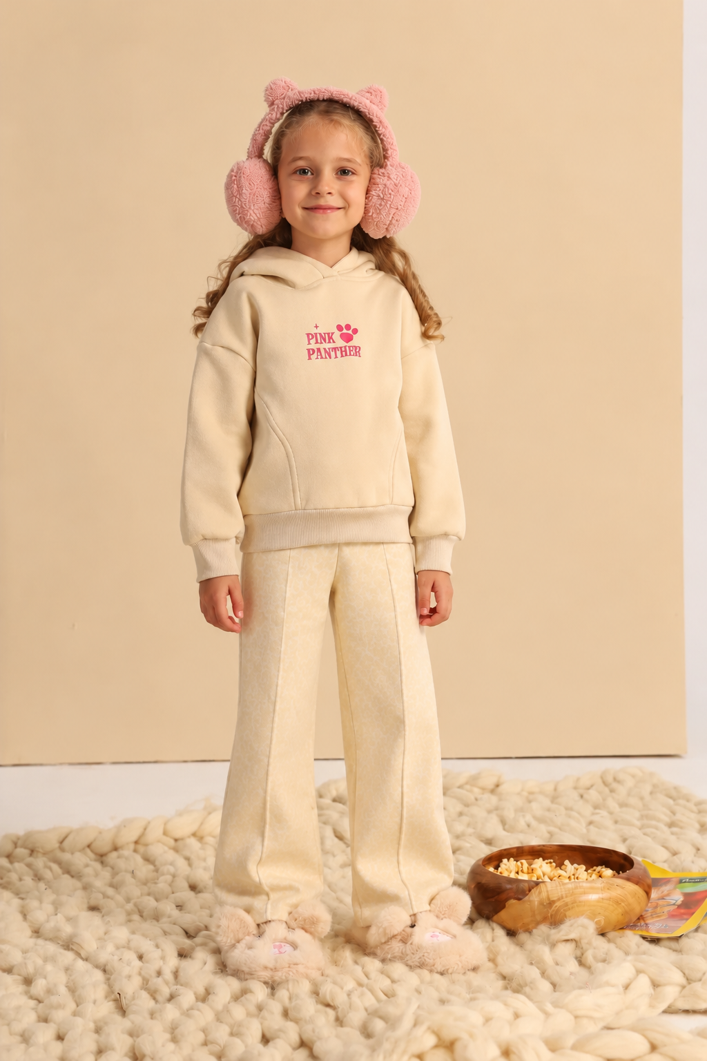 Girls’ Pink Panther Hoodie & Printed Leggings Set – Beige