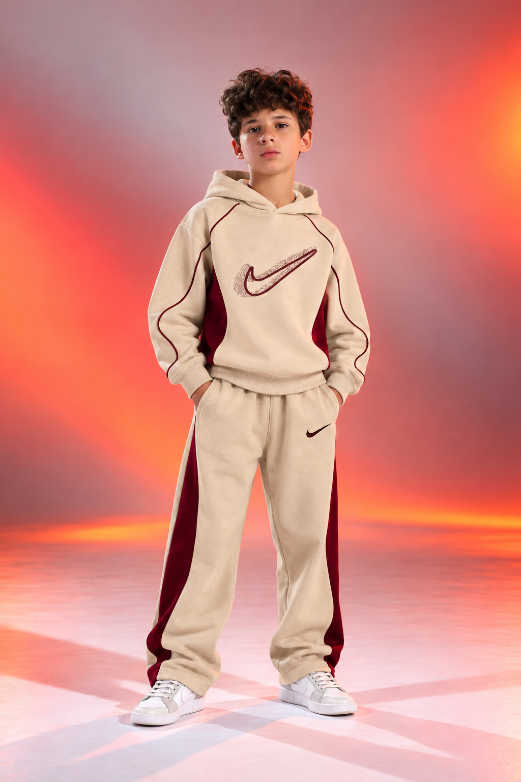 Boys’ Nike Beige & Burgundy Hoodie Tracksuit Set