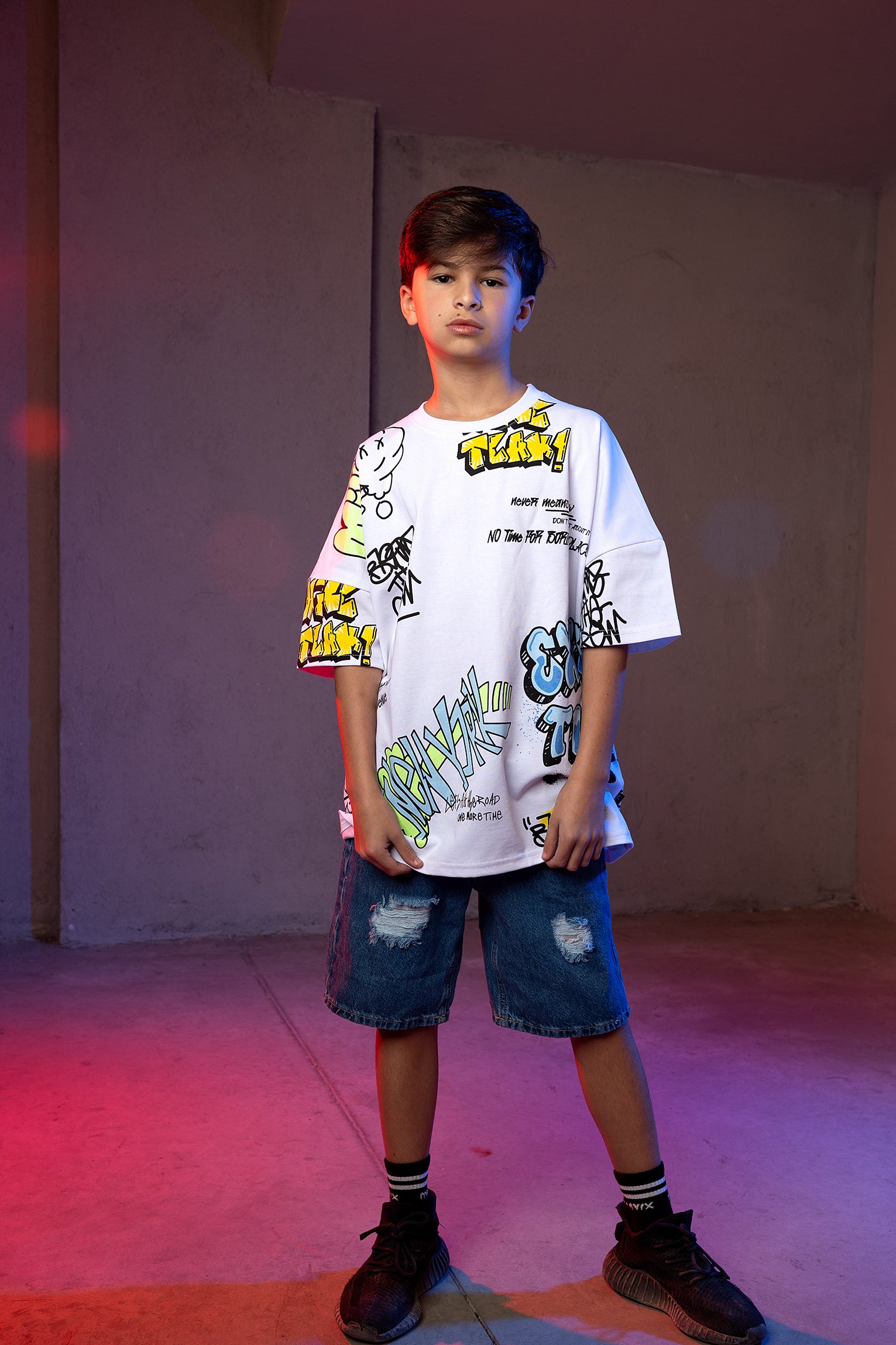 Boys' Graffiti Street Style T-Shirt - White Graphic Print