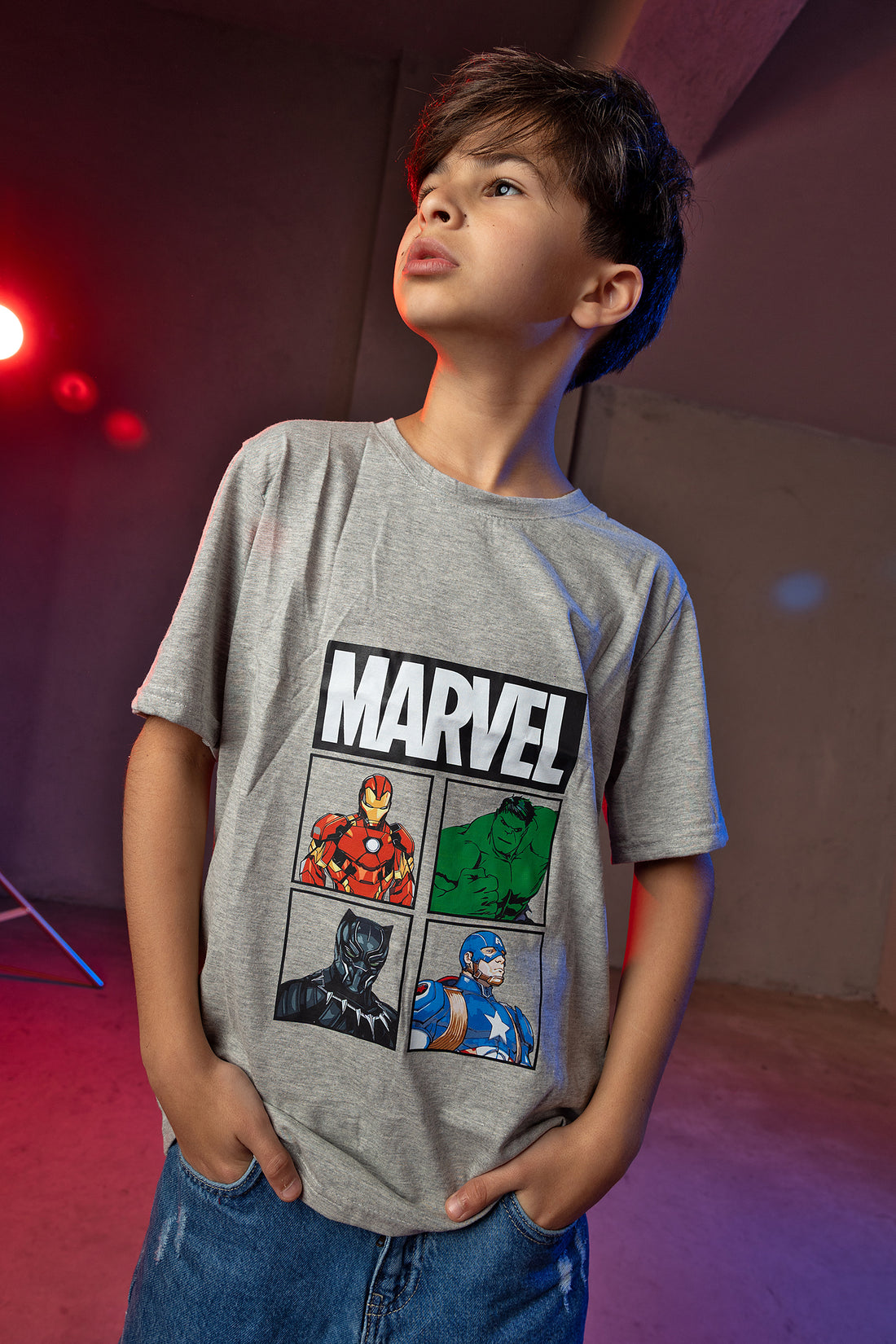 Boys' Marvel T-Shirt – Superheroes Grid Print (Iron Man, Hulk, Black Panther, Captain America)