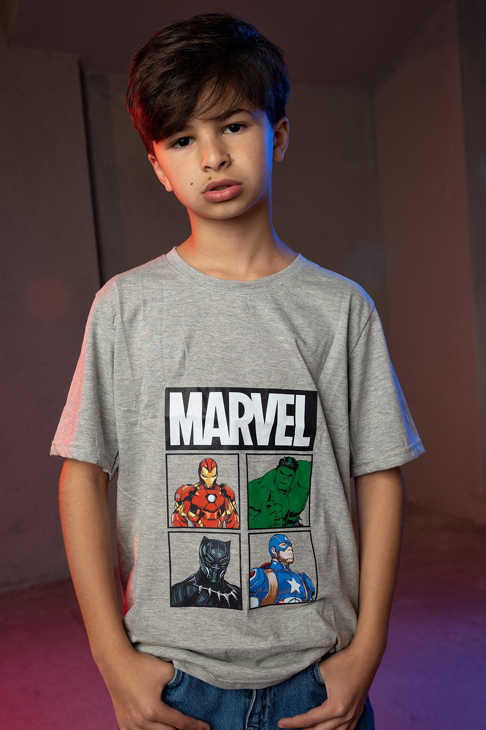 Boys' Marvel T-Shirt – Superheroes Grid Print (Iron Man, Hulk, Black Panther, Captain America)