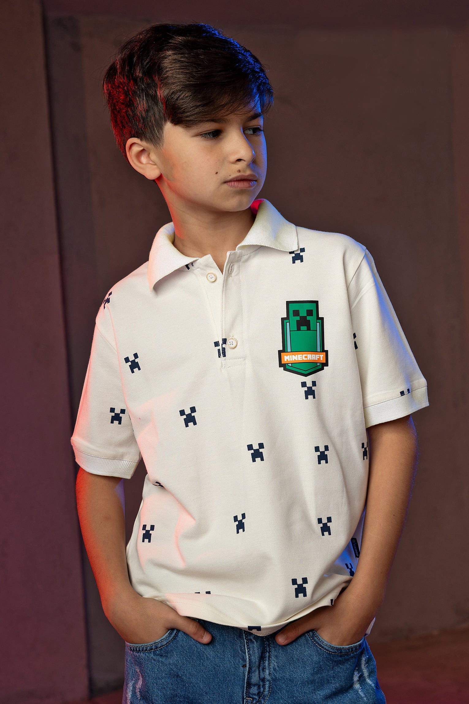 Boys' Minecraft Polo Shirt – Creeper Pixel Print
