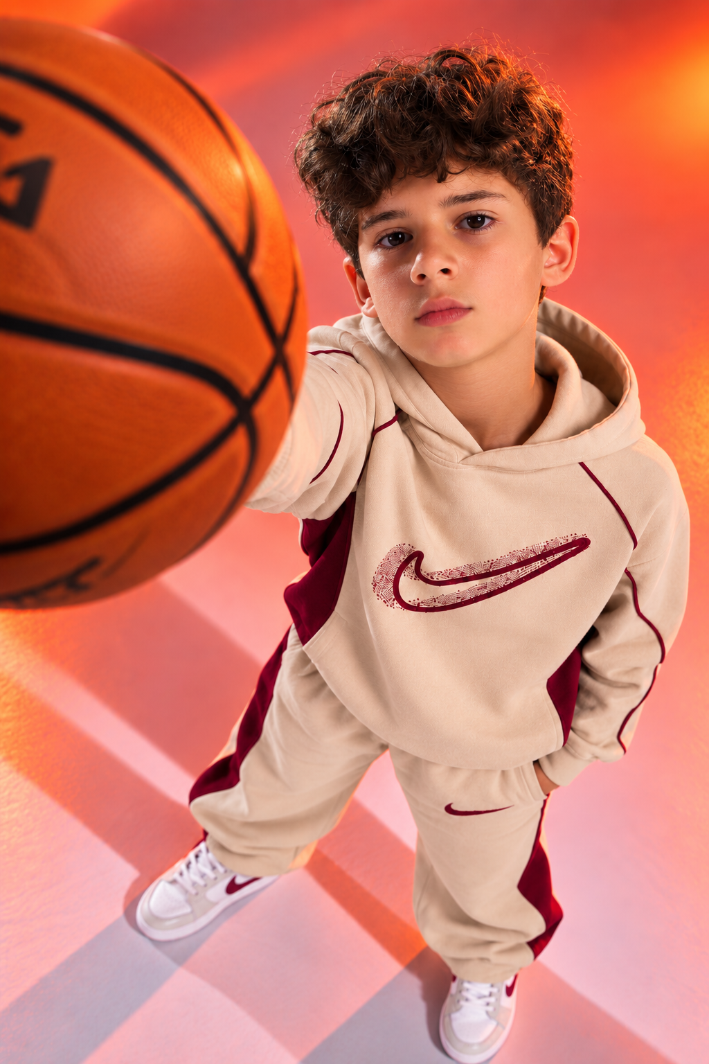 Boys’ Nike Beige & Burgundy Hoodie Tracksuit Set