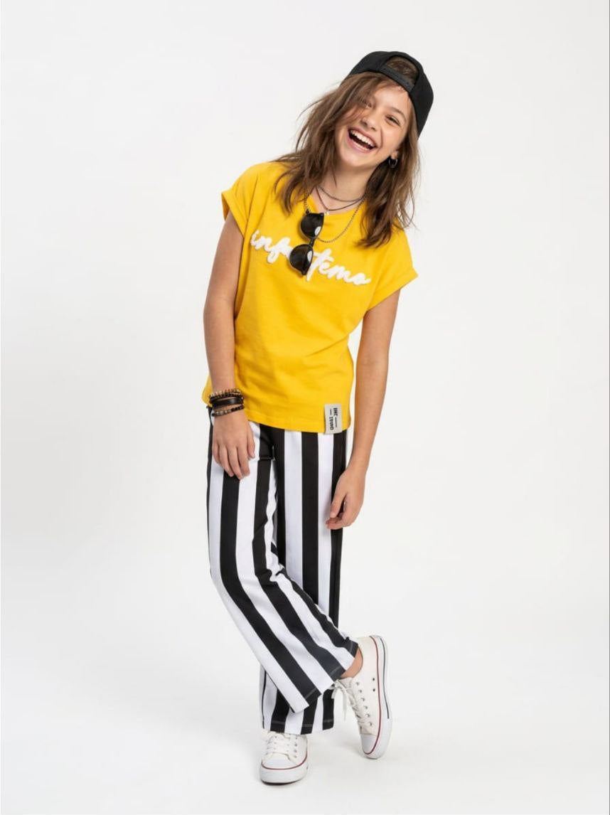 Girls Yellow Graphic Top with Black & White Striped Pants Set