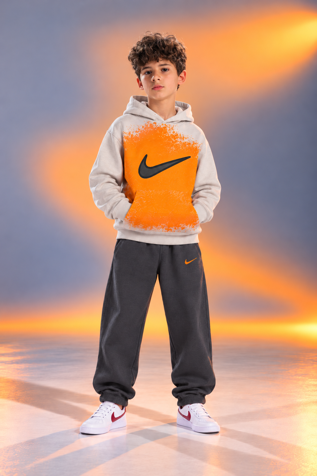 Boys’ Nike Orange Splash Hoodie & Jogger Set – Light Grey & Dark Grey