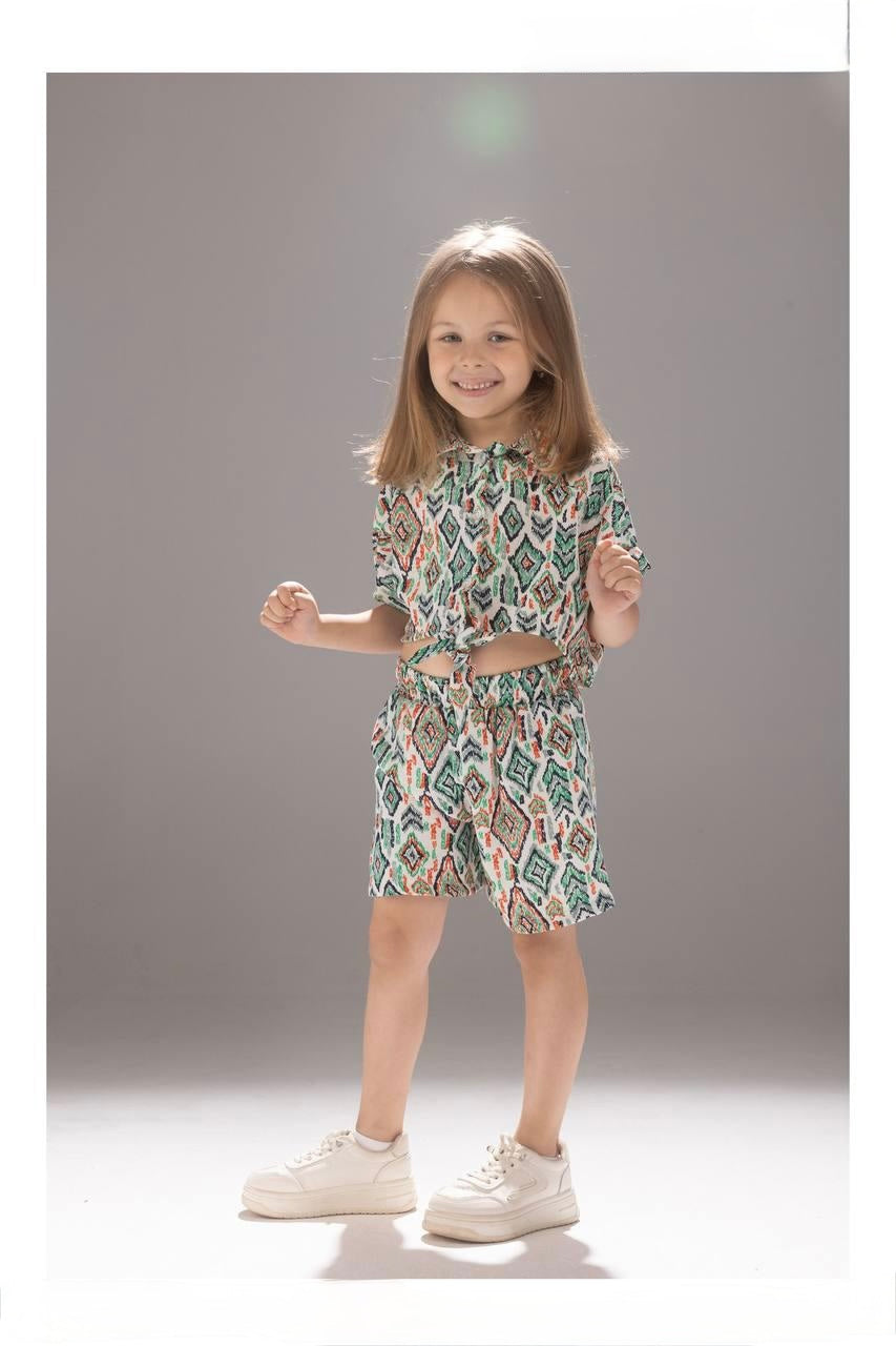 Girls Tie-Front Crop Top & Matching Shorts Set – Printed Summer Outfit