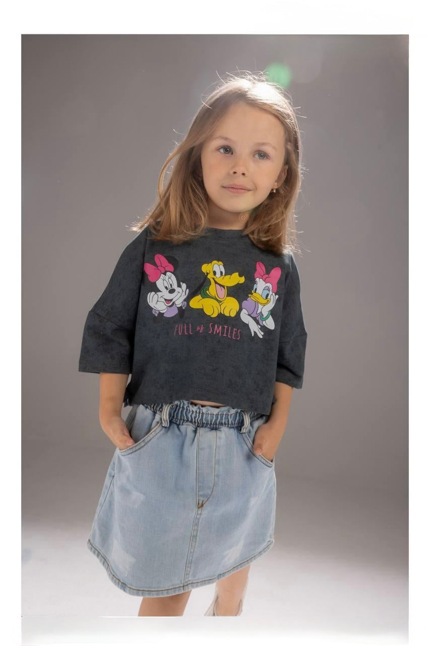 Girls Disney Character Cropped Sweatshirt & Denim Skirt Set – Colorful