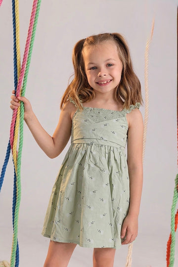 Girls Light Green Smocked Bodice Summer Dress – Ruffle Straps Soft Cotton Dress