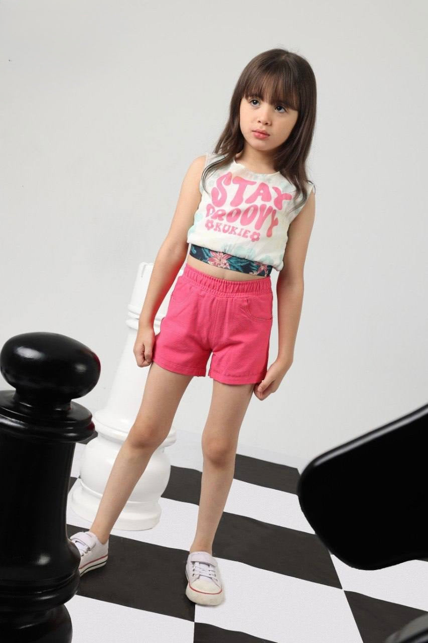 Girls Graphic Sleeveless Crop Top & Pink Shorts Set – Summer Casual Outfit