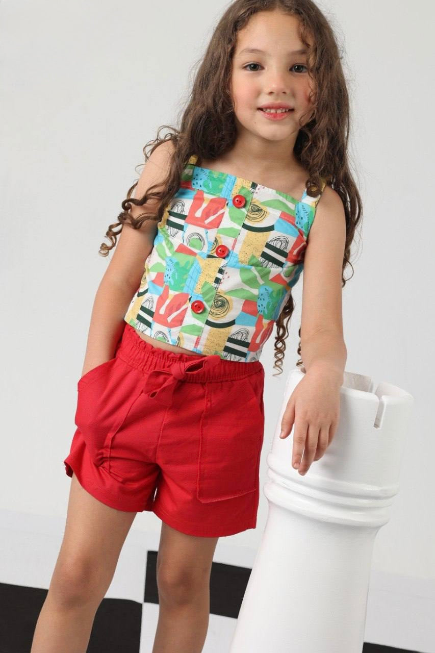 Girls Printed Sleeveless Top & Red Shorts Set – Vibrant Summer Outfit