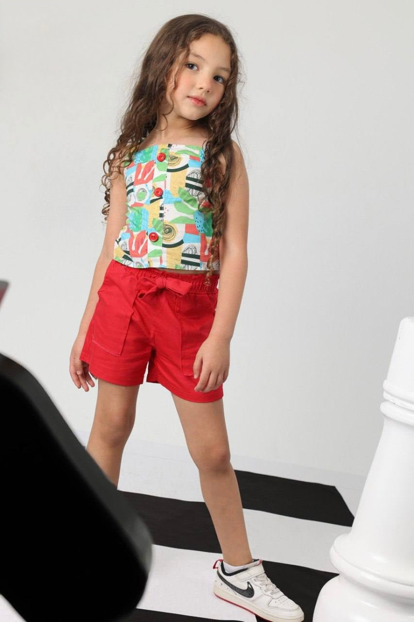 Girls Printed Sleeveless Top & Red Shorts Set – Vibrant Summer Outfit