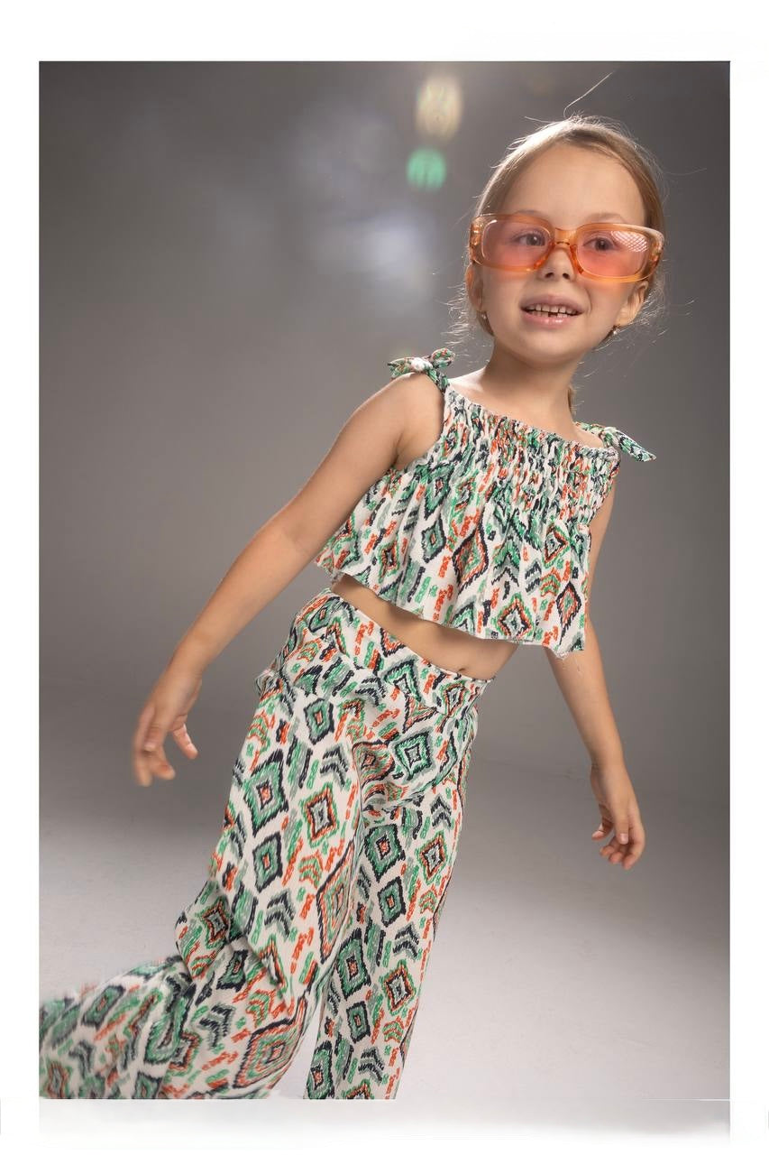 Girls Smocked Crop Top & Wide-Leg Pants Set – Vibrant Summer Print