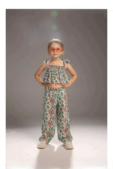 Girls Smocked Crop Top & Wide-Leg Pants Set – Vibrant Summer Print