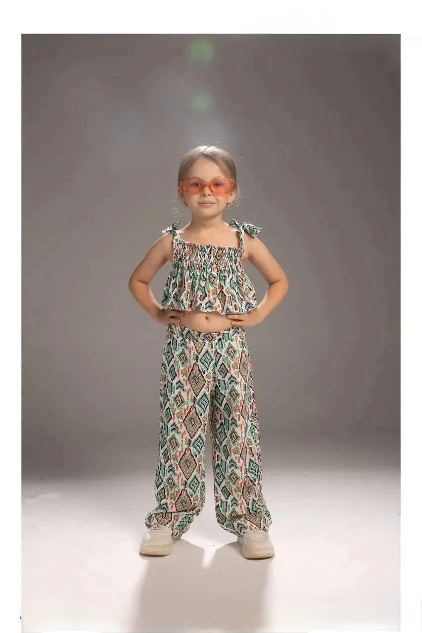 Girls Smocked Crop Top & Wide-Leg Pants Set – Vibrant Summer Print