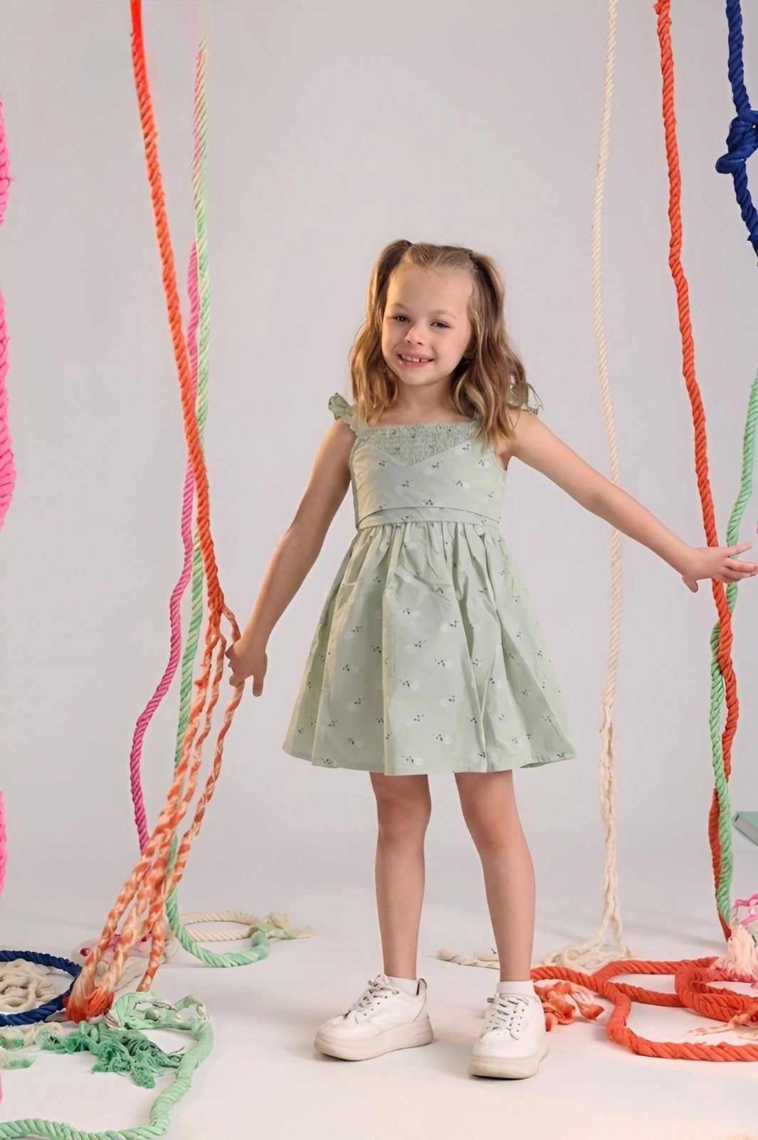 Girls Light Green Smocked Bodice Summer Dress – Ruffle Straps Soft Cotton Dress