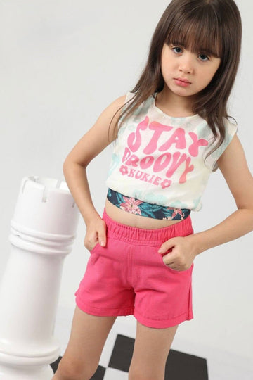 Girls Graphic Sleeveless Crop Top & Pink Shorts Set – Summer Casual Outfit