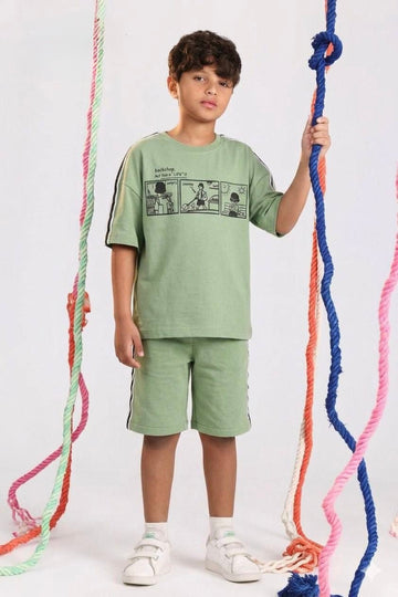 Boys Oversized Graphic T-Shirt & Shorts Set – Casual Mint Green Summer Outfit (Sizes 10–16)